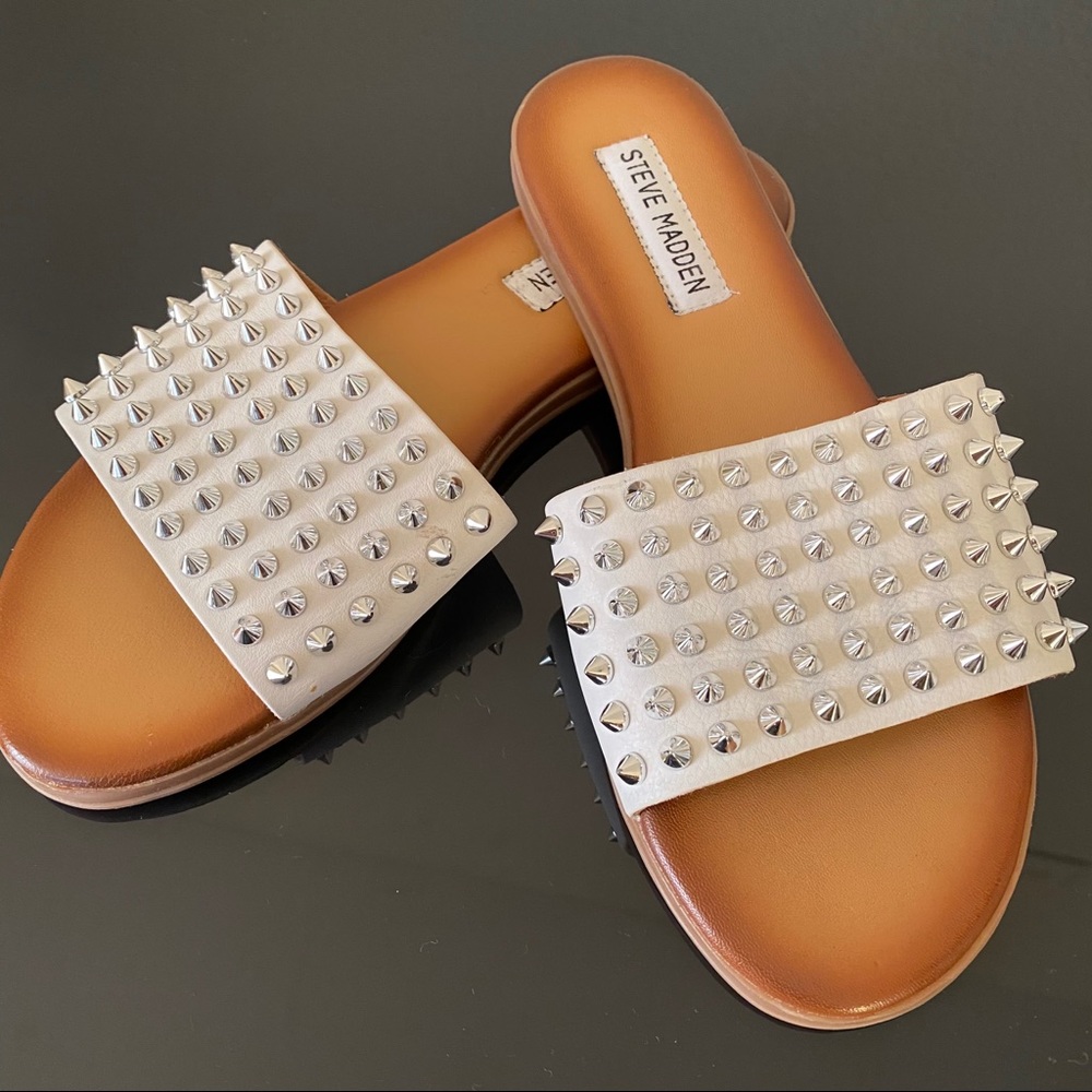 Steve Madden White Leather Studded Slide Sandals